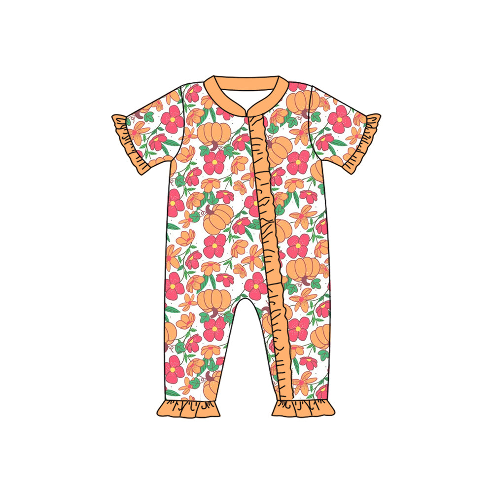 presale SR3096 Baby Infant Girls Short Ruffle Sleeves Flowers Pumpkins Zipper Rompers D 4.25