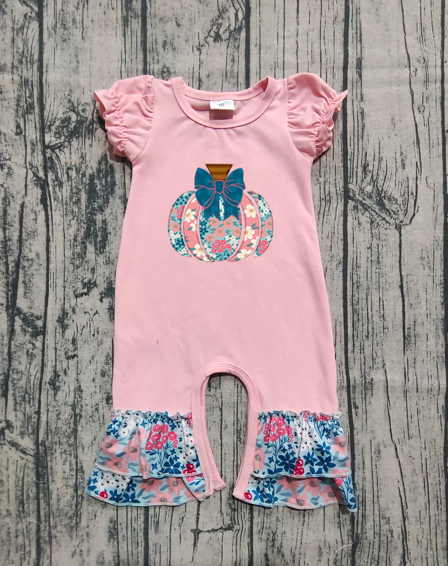 SR3112 Baby Girls Pink Short Ruffle Sleeves Floral Pumpkins Rompers D 6.3