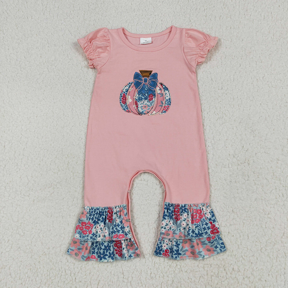 SR3112 Baby Girls Pink Short Ruffle Sleeves Floral Pumpkins Rompers D 6.3