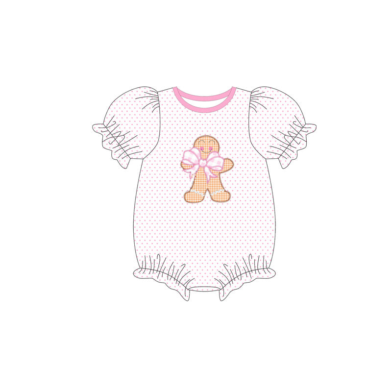 presale SR3114 Baby Girls Short Sleeves Pink Polka Dots Bows Gingerbread Ruffle Rompers D 5.23