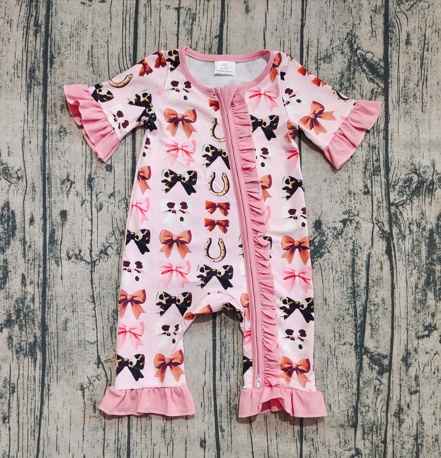 SR3116 Baby Girls Pink Short Ruffle Sleeves Bows Horse Shoes Zipper Rompers D 7.5