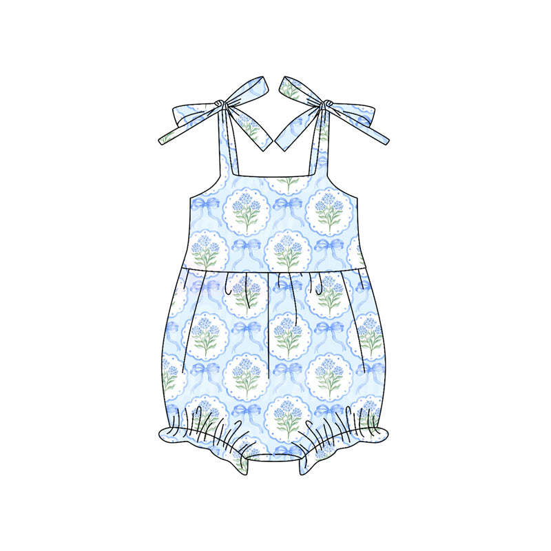 SR3117 Baby Girls Blue Strap Bows Flowers Plaid Ruffle Rompers D 6.28