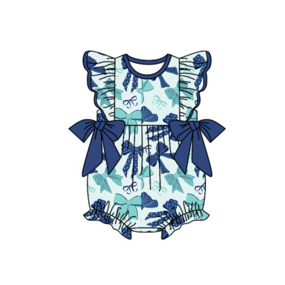 SR3121 Baby Girls Hot Blue Flutter Sleeves Bows Ruffle Rompers D 821