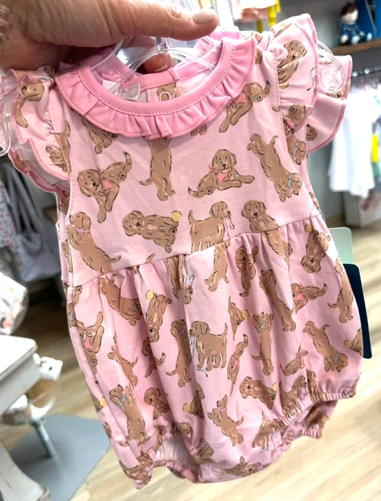 presale SR3122 Baby Girls Pink Flutter Sleeves Dogs Plaid Ruffle Rompers D 5.24