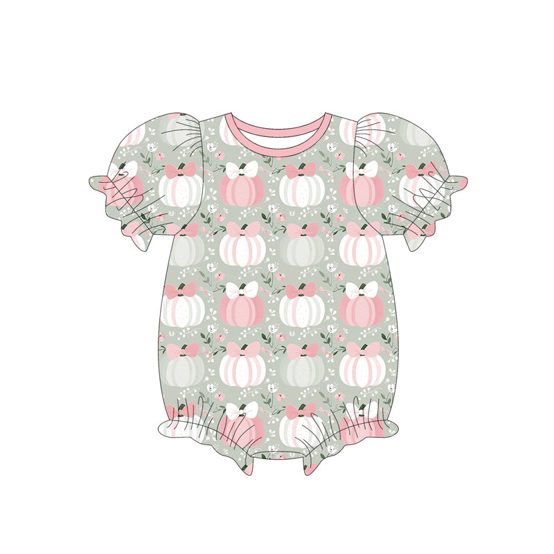 presale SR3130 Baby Girls Short Sleeves Pink Bows Pumpkins Ruffle Rompers D 5.27