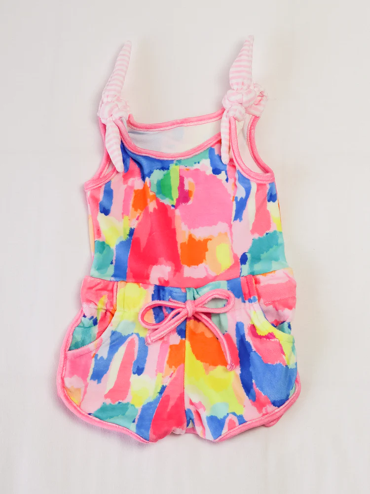 presale SR3132 Baby Girls Bow Sleeveless Watercolor Camo Pockets Short Jumpsuits D 5.27