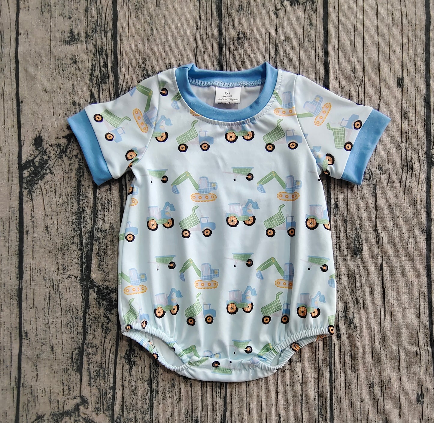 SR3142 Baby Boys Short Sleeves Blue Excavators Plaid Rompers D 6.16