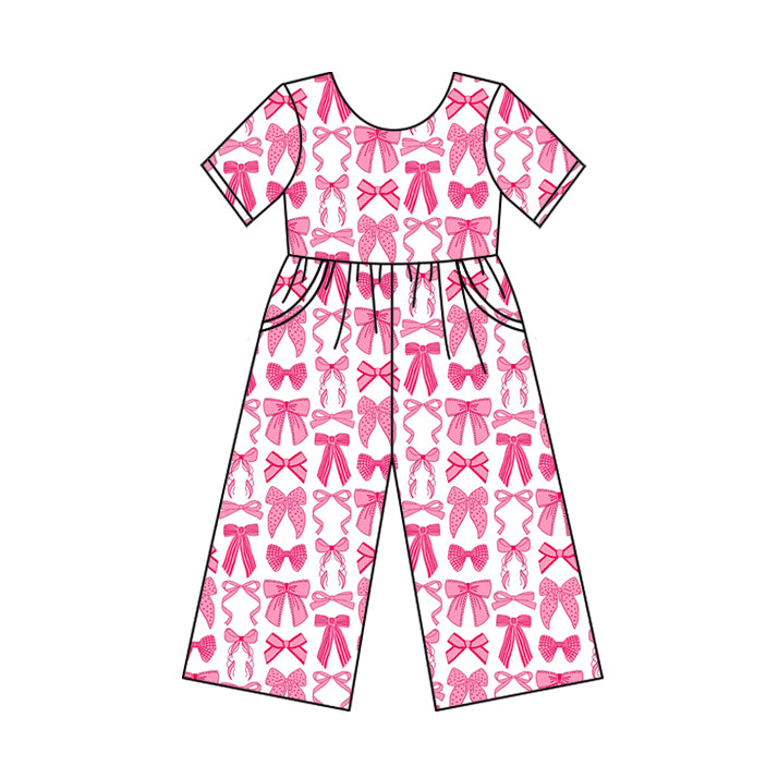 presale SR3144 Baby Girls Short Sleeves Pink Bows Plaid Pockets Pant Jumpsuits D 6.2