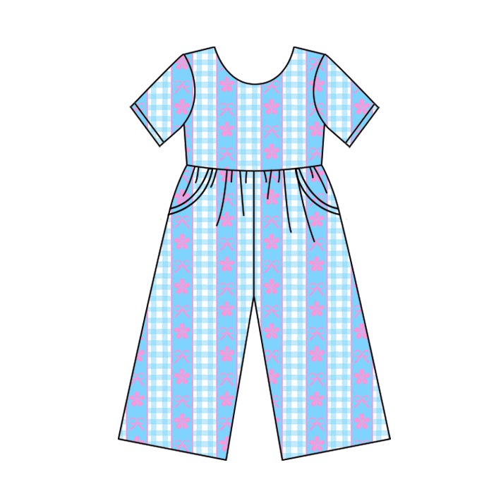 presale SR3146 Baby Girls Short Sleeves Blue Stripe Bows Flowers Pockets Pant Jumpsuits D 6.2