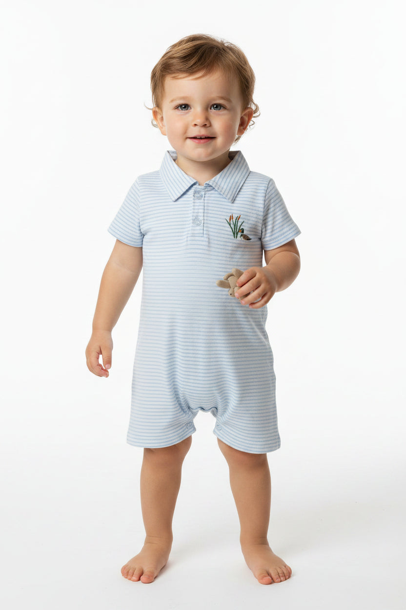 SR3149 Baby Boys Blue Stripe Short Sleeves Duck Button Shorts Rompers D 7.14