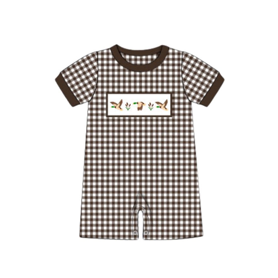 SR3164 Baby Boys Brown Plaid Short Sleeves Ducks Short Rompers D 904