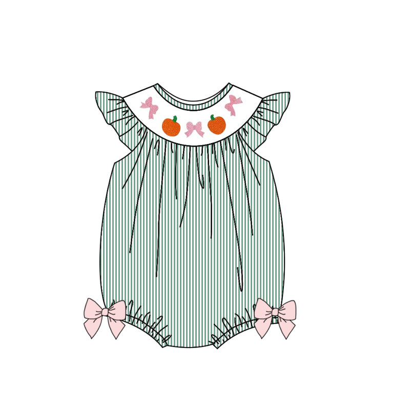 presale SR3183 Baby Girls Green Stripe Flutter Sleeves Bows Pumpkins Rompers D 7.3