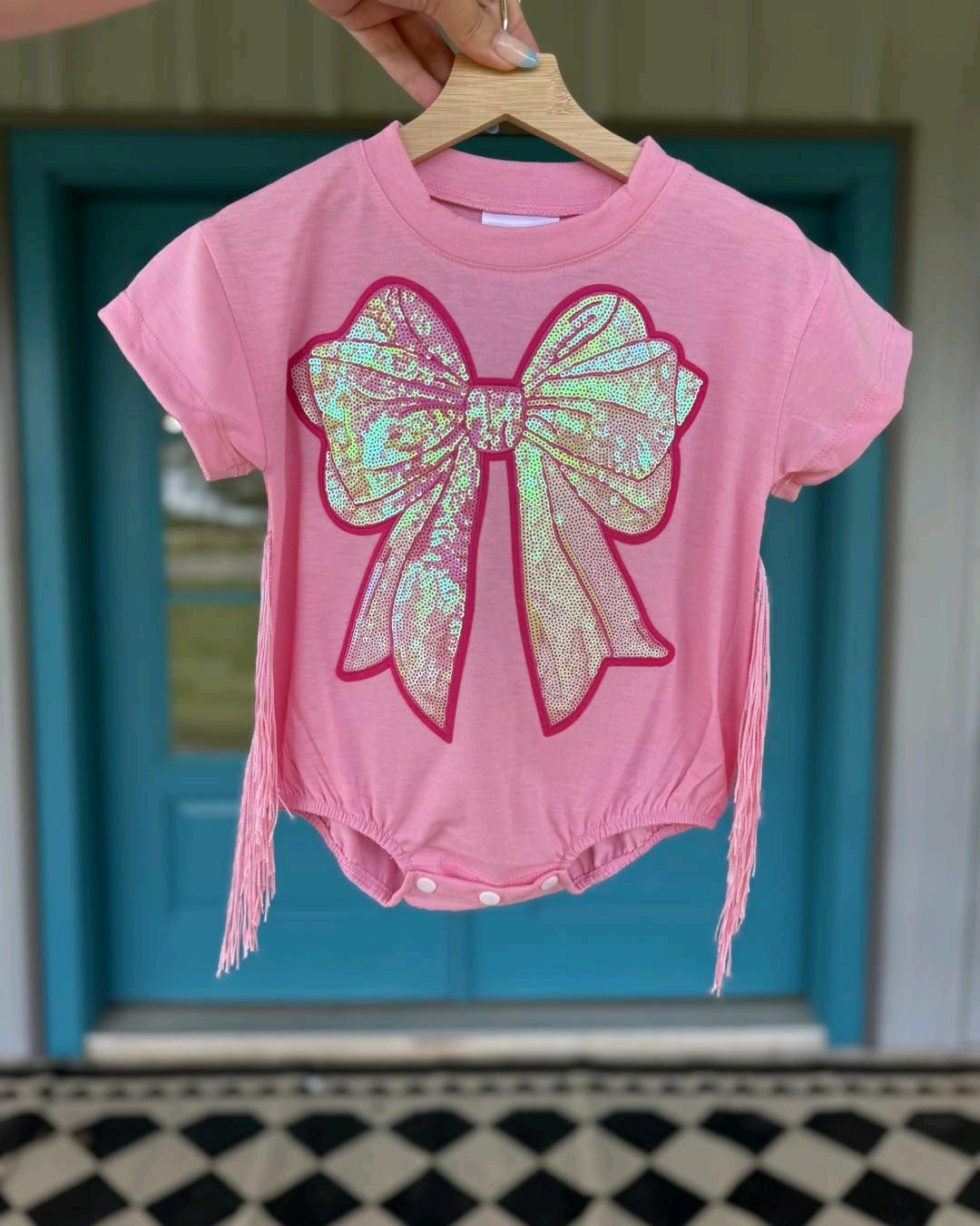 presale SR3187 Baby Girls Pink Short Sleeves Sequin Bow Tassel Ruffle Rompers D 7.11