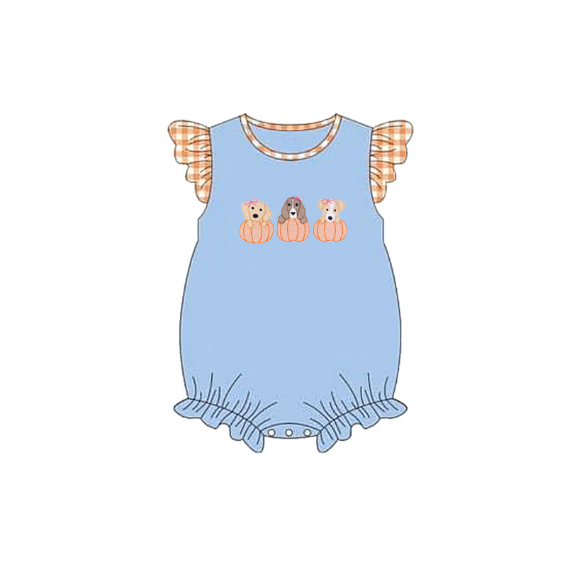 SR3191 Embroidery Dogs Pumpkins Baby Girls Flutter Sleeves Fall Rompers D 909