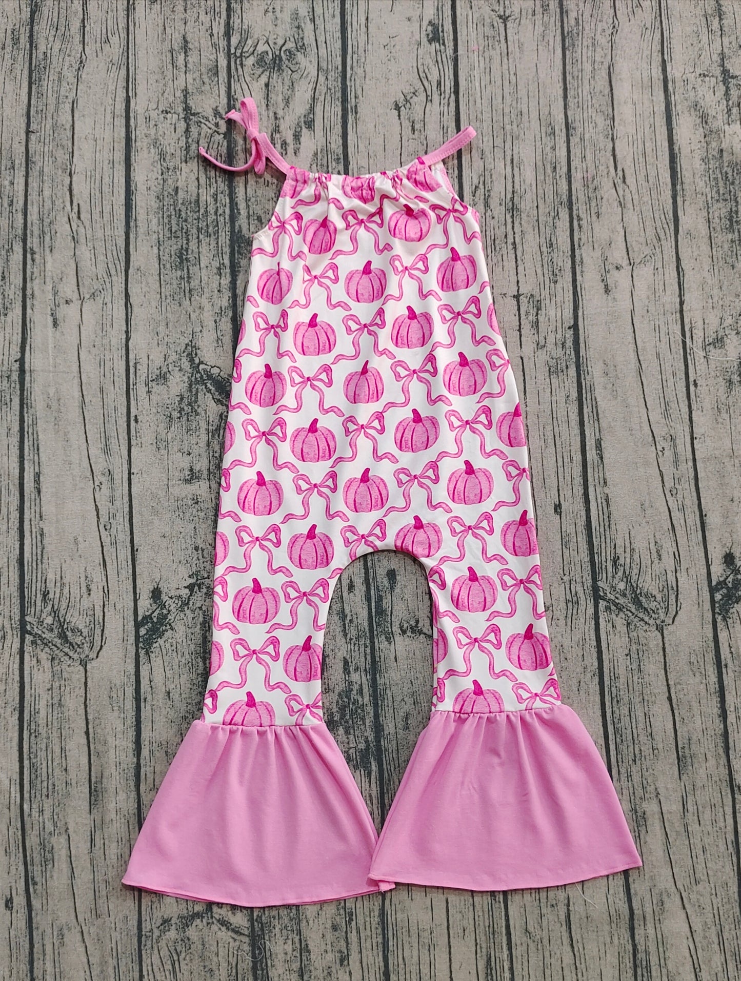 presale SR3200 Baby Girls Pink Strap Bows Pumpkins Plaid Bell Bottom Fall Jumpsuits D 8.5