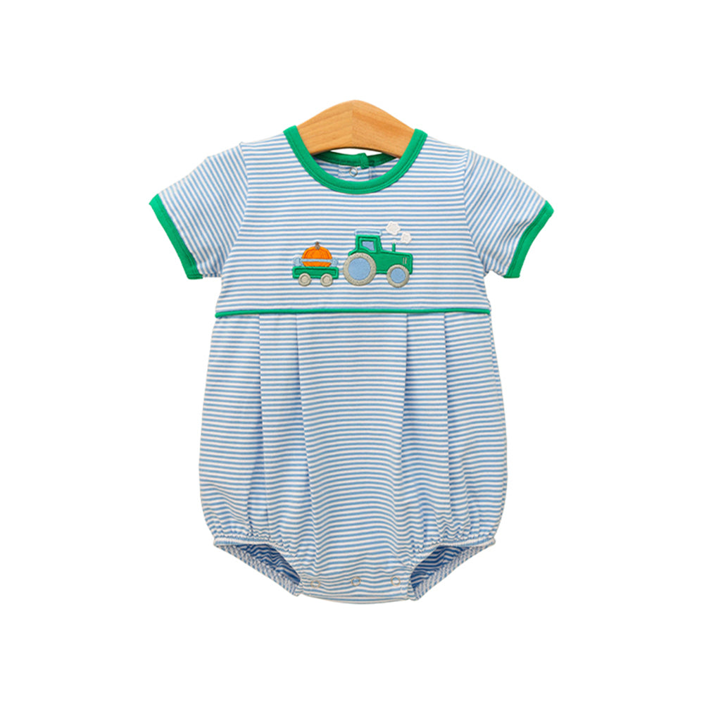 presale SR3201 Baby Boys Blue Stripe Pumpkins Truck Fall Rompers D 8.5