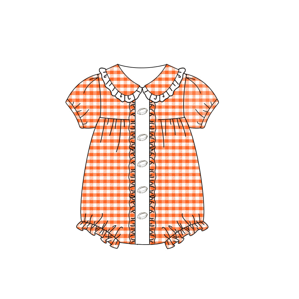 presale SR3206 Baby Girls Orange Plaid Footballs Team Ruffle Rompers D 8.9