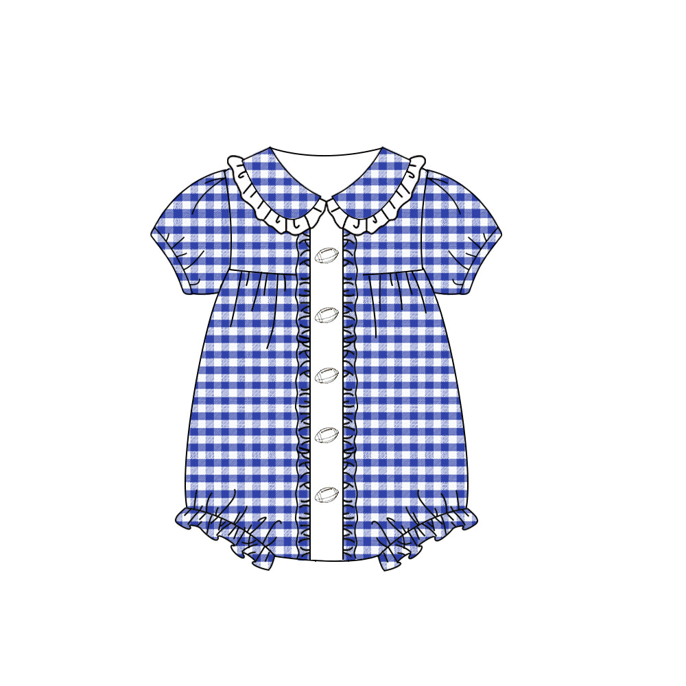 presale SR3209 Baby Girls Blue Plaid Footballs Team Ruffle Rompers D 8.9