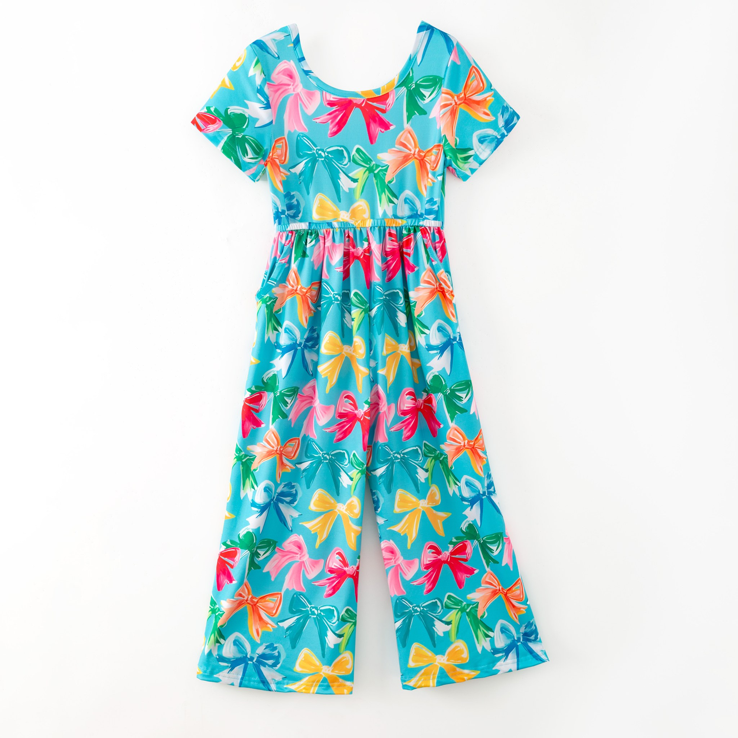 presale SR3213 Baby Girls Short Sleeve Colorful Bows Pockets Pant Jumpsuits D 916