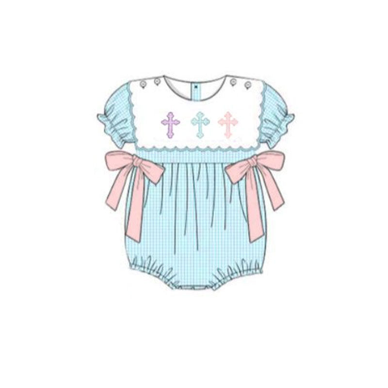 presale SR3214 Baby Girls Short Ruffle Sleeve Cross Bows Easter Rompers D 916