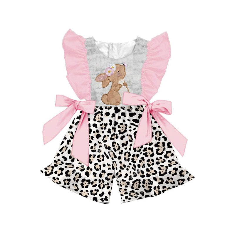 presale SR3217 Baby Girls Flutter Sleeve Rabbit Bows Ruffle Shorts Easter Jumpsuits D 916