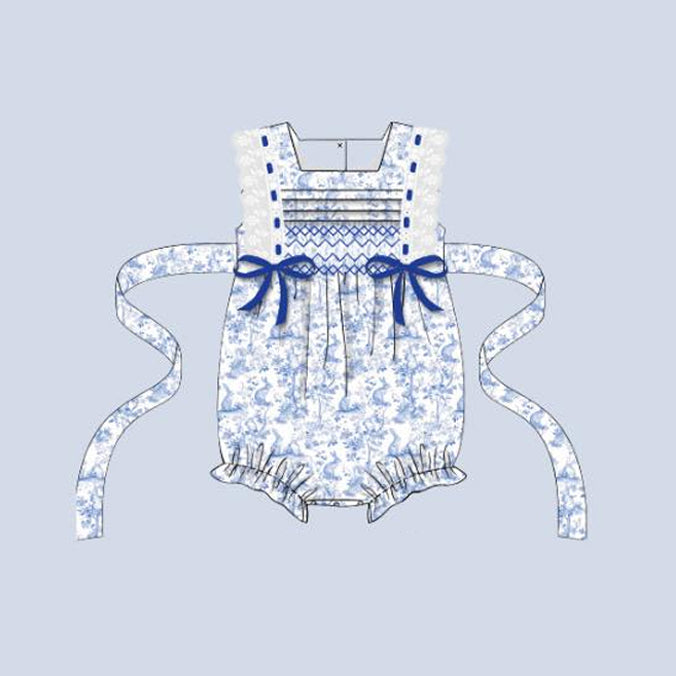 presale SR3219 Baby Girls Lace Sleeveless Blue Rabbits Floral Easter Rompers With Belt D 916
