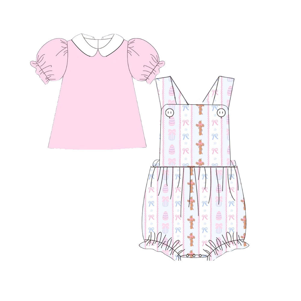 presale SR3282 Baby Girls Pink Shirts Strap Crosses Stripe Easter 2 Piece Ruffle Rompers D 1006