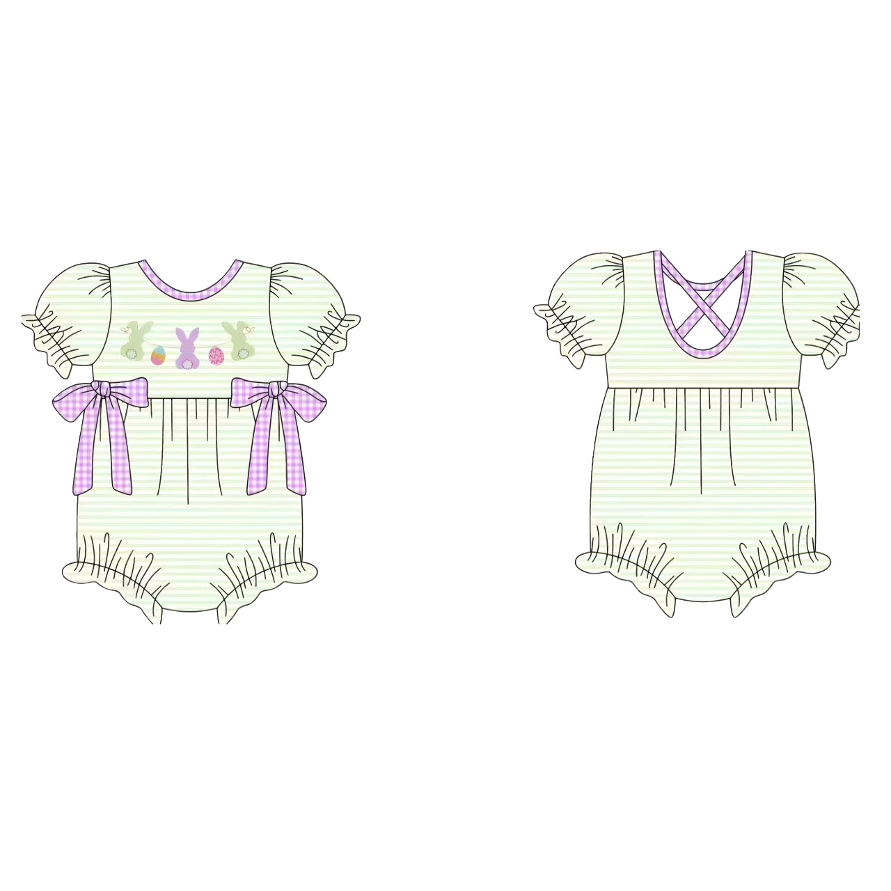 presale SR3287 Baby Girls Stripe Rabbits Eggs Bows Easter Ruffle Rompers D 1007