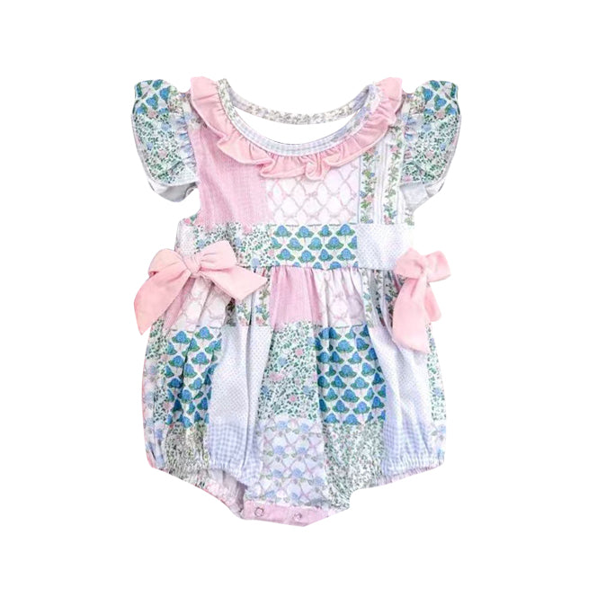 SR3293 Baby Girls Bows Flowers Checked Bows Ruffle Rompers D 1008