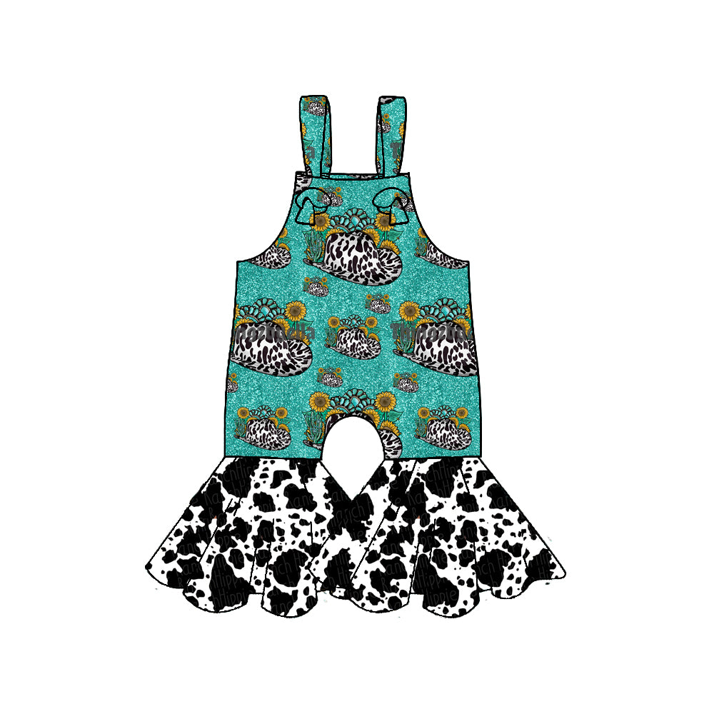 presale SR3300 Baby Girls Strap Sunflowers Turquoises Bell Bottom Pants Western Jumpsuits D 1011