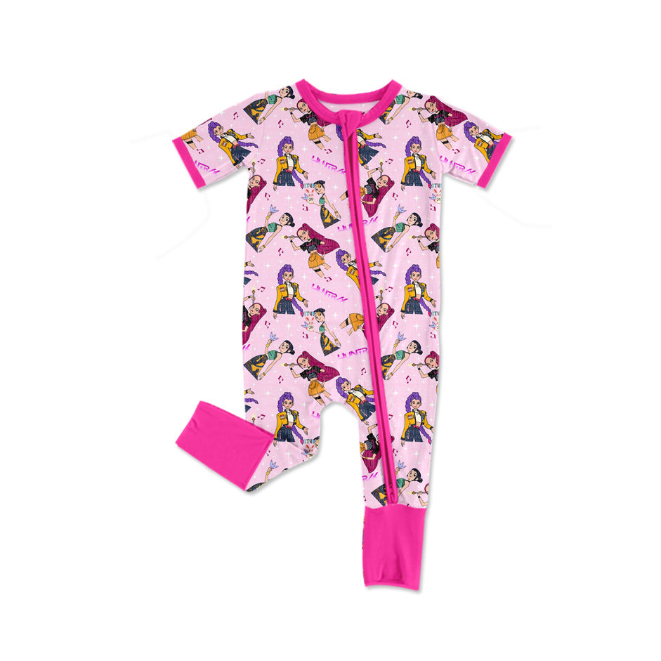 presale SR3319 Baby Girls Pink Short Sleeve Cartoon Girls Zipper Footie Rompers D 1018