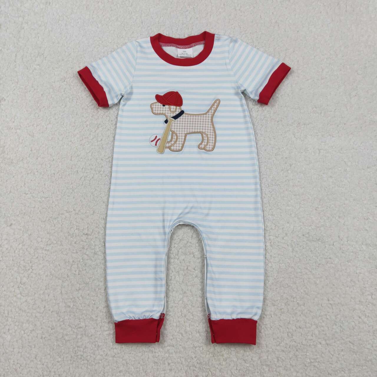 SR3330 Embroidery Dog Baseballs Baby Boys Stripe Team Footie Rompers D 1211