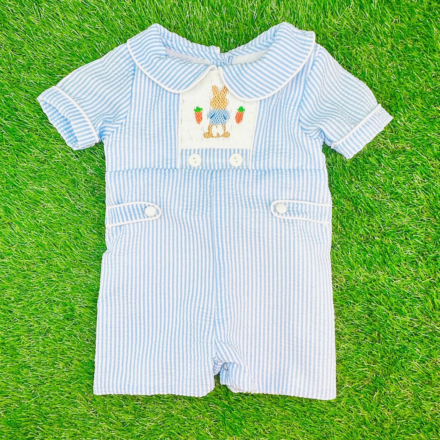 presale SR3417 Baby Boys Blue Stripe Rabbits Carrots Easter Short Rompers D 1104