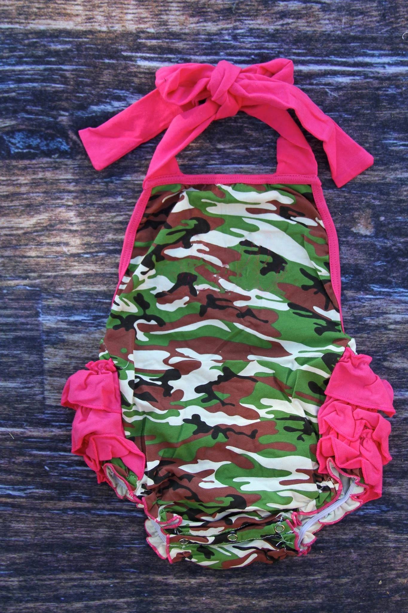 presale SR3420 Baby Girls Pink Strap Green Brown Camo Bubbly Ruffle Rompers D 1104