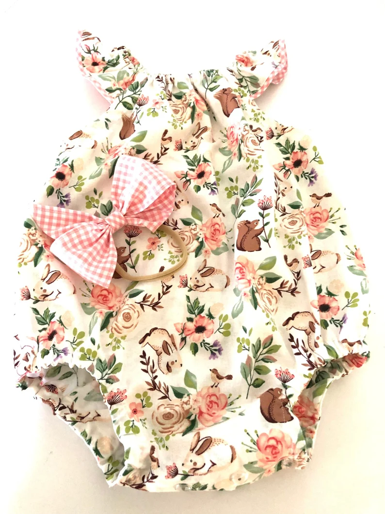 presale SR3427 Baby Girls Flutter Sleeve Floral Rabbits Easter Ruffle Rompers D 1107