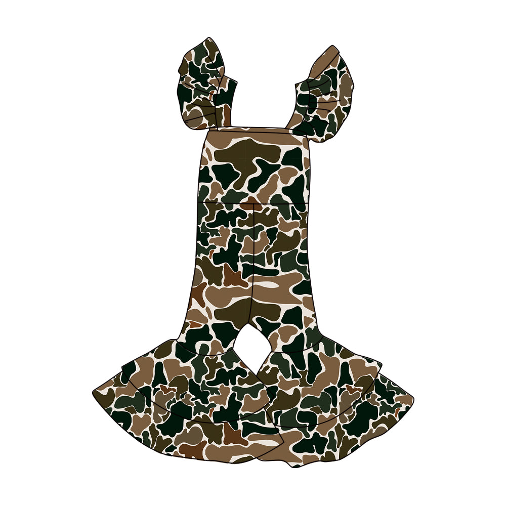 presale SR3437 Baby Girls Dark Brown Camo Flutter Sleeve Bell Bottom Southern Jumpsuits D 1106