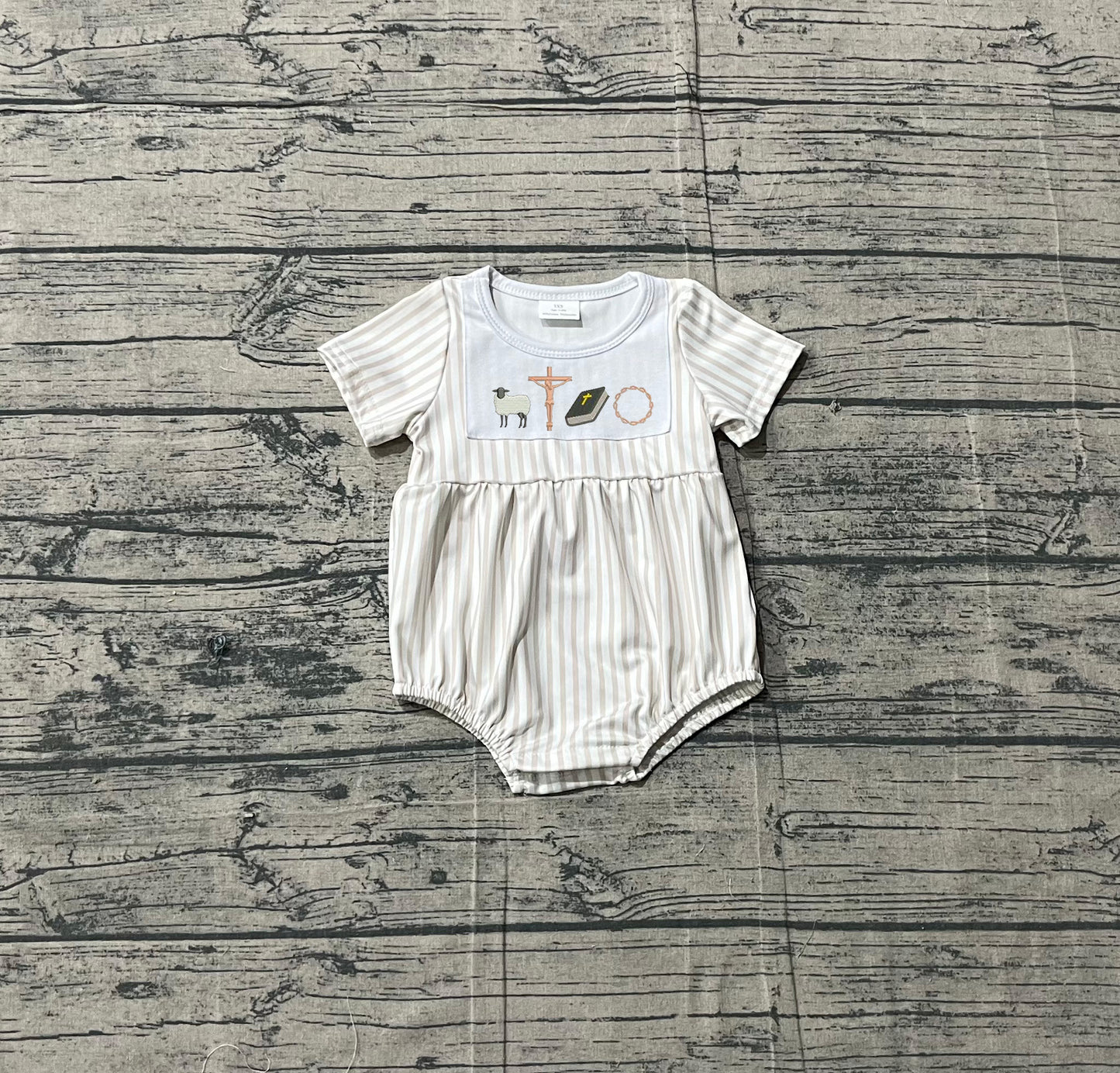 Pre-order Embroidery Cross Baby Boys Grey Stripe Easter Romper