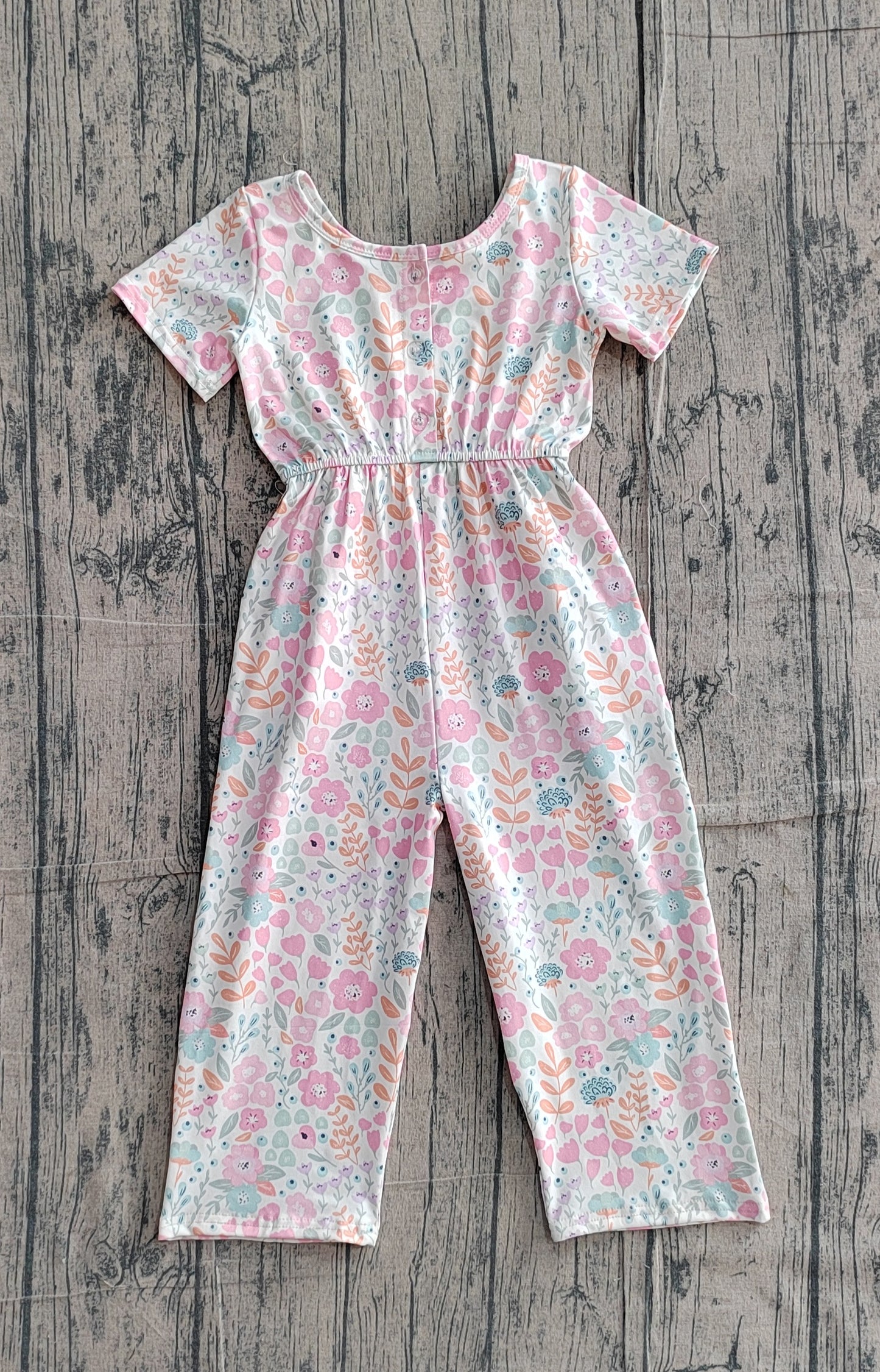 Pre order short sleeve flower floral girl jumpsuit with pocket