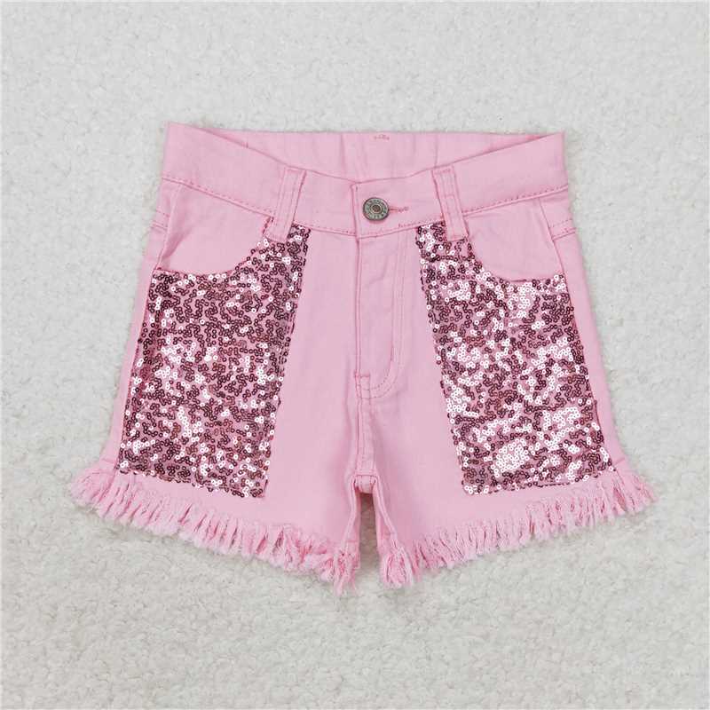 GSSO0876 Cowgirl sassy letter white lace sleeves pink sequin denim shorts set