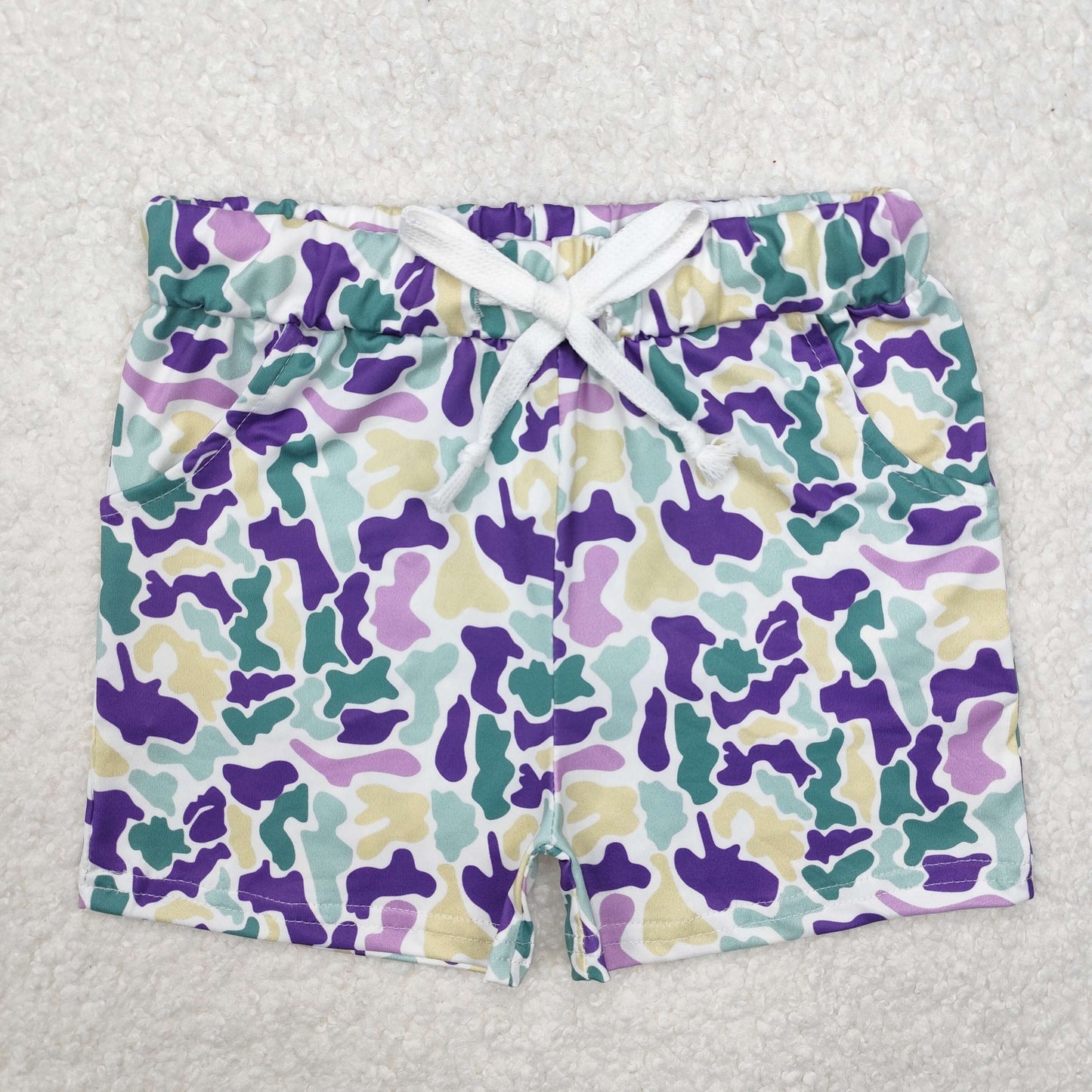 SS0433 Mardi gras Yellow, green and purple camouflage shorts