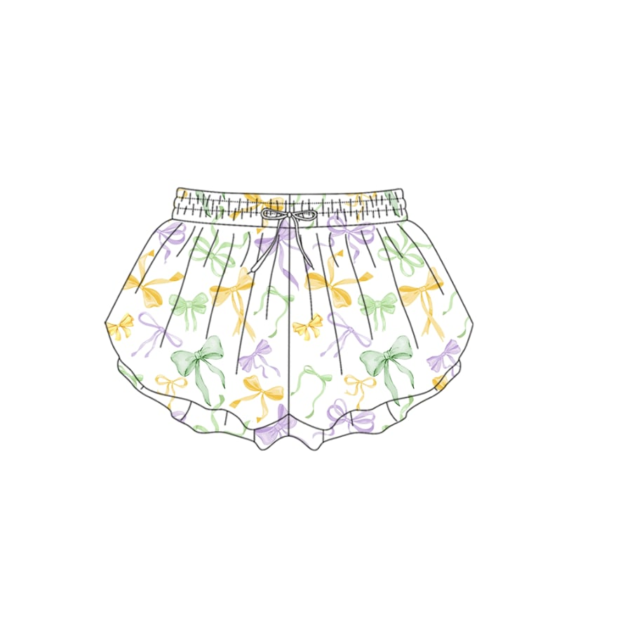 presale SS0679 Adult Women Mardigras Bows Ruffle Yoga Shorts D 1013