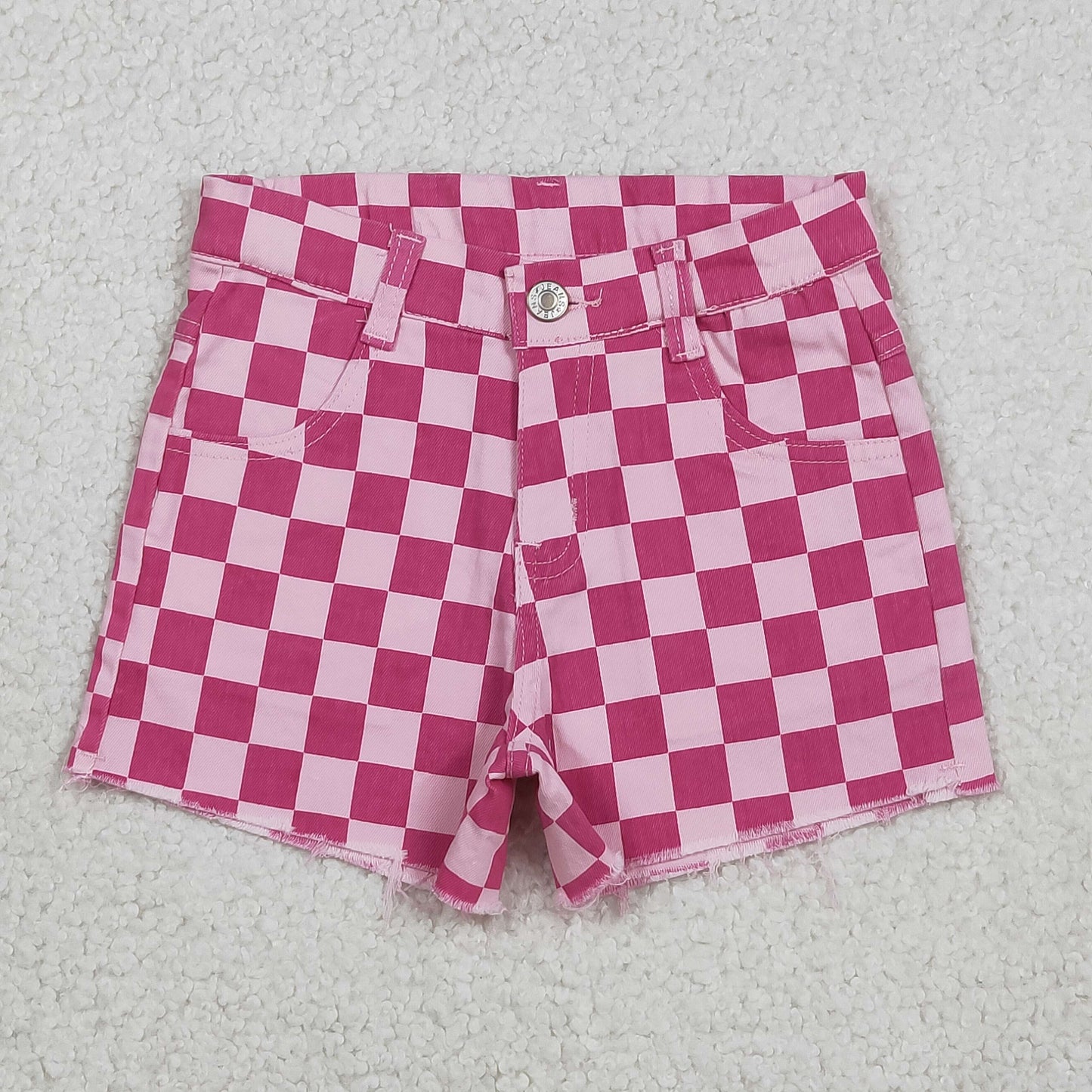 Sibling Baby Girls Checked Denim Shorts with Pockets Bottom for Children's Clothing