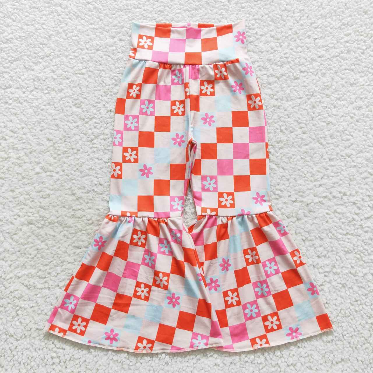 P0263 Floral orange and blue plaid beige trousers