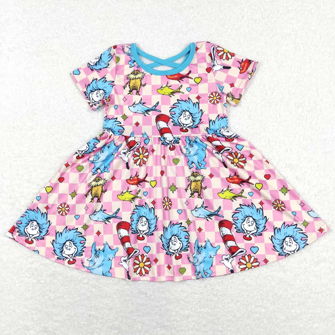 GSD0503 cartoon elephant pink plaid short-sleeved dress