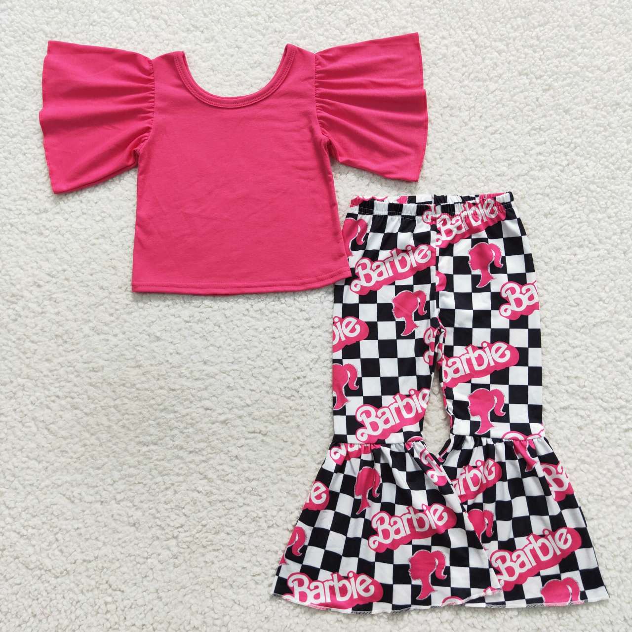GSPO0809 Lace sleeve rose red top black and white checkered trouser suit
