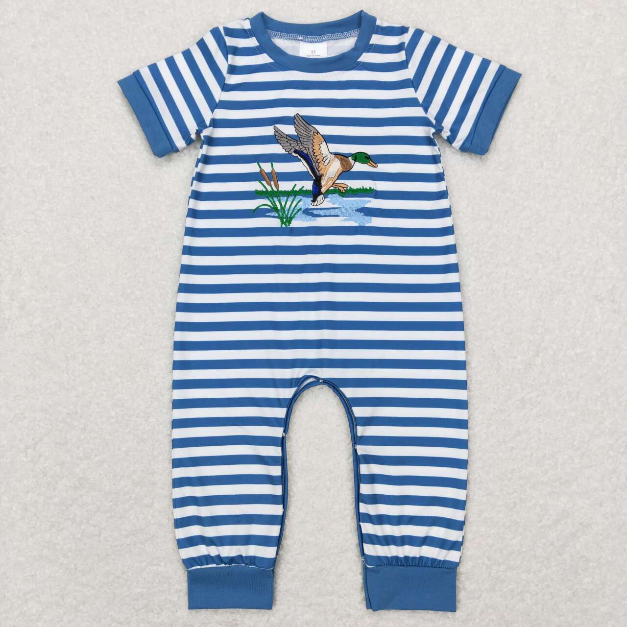 SR0554 Embroidered Duck Reed Stripe Short Sleeve Blue Trim Short Sleeve Jumpsuit D 5.8