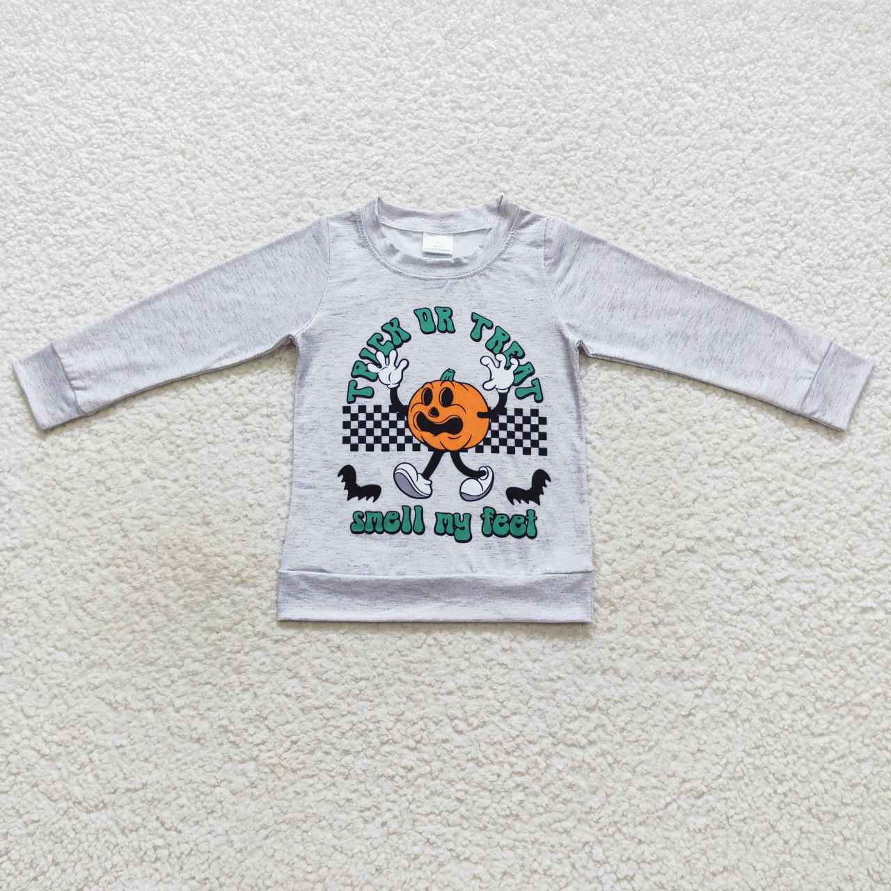 BT0320 trick or treat pumpkin plaid gray long sleeve top