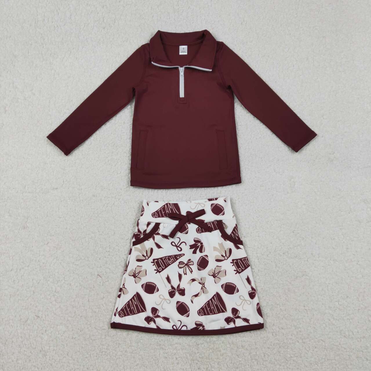 GLD1384 Baby Girls Dark Red Pullovers Bows Footballs Pockets Skorts Go Team Yoga Clothes Set D 1209