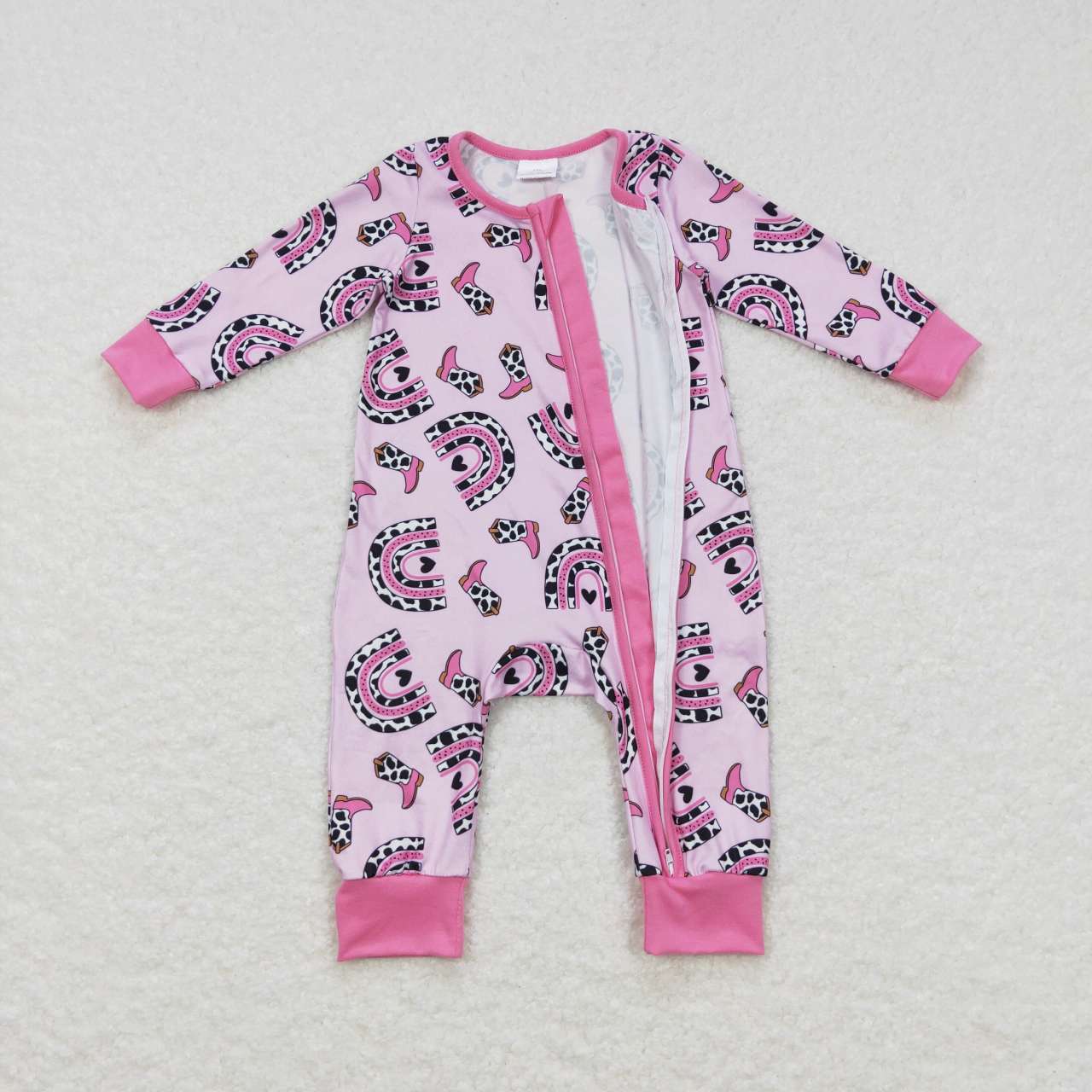 LR0490 Cow pattern heart rainbow boots rose pink zipper long-sleeved jumpsuit