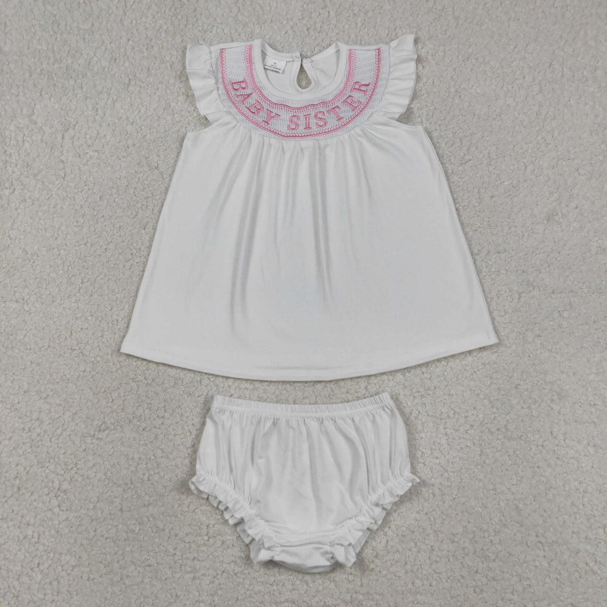 white smock baby sister embroidery bummie set